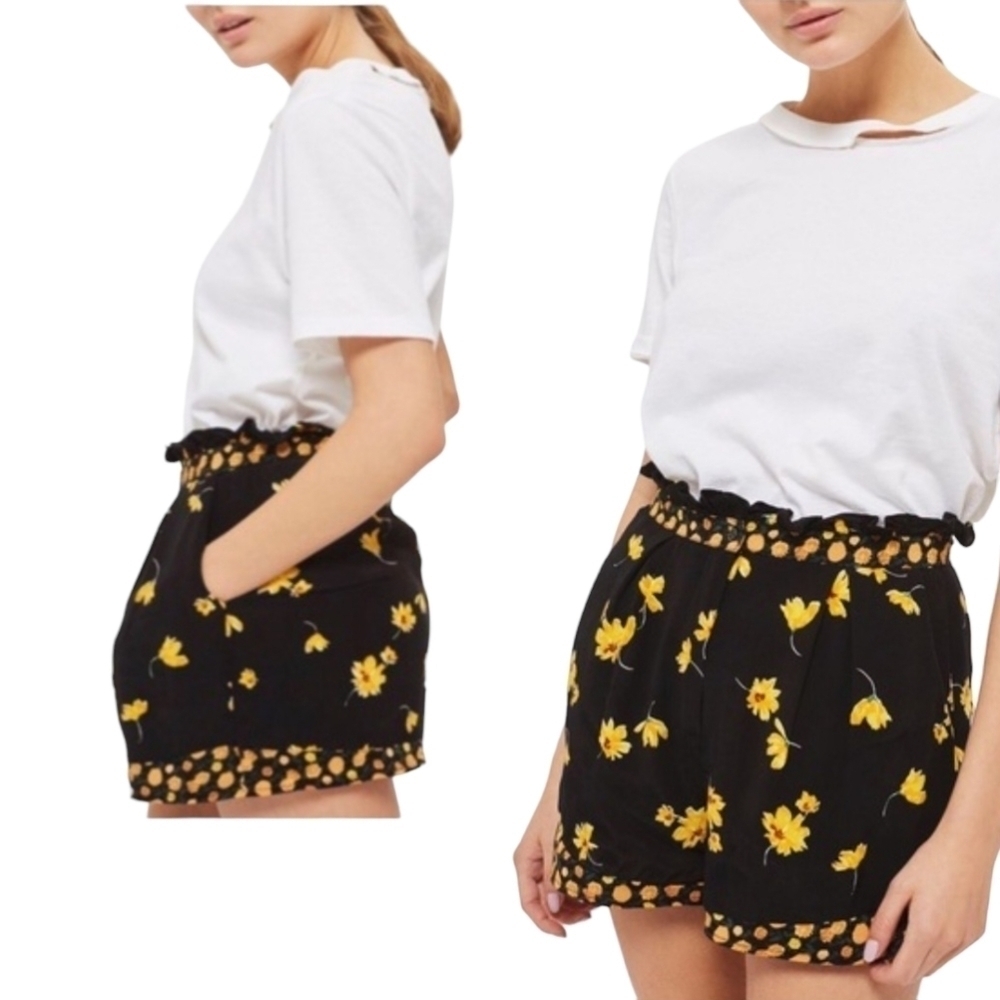 TopShop Black Floral Daisy Print Shorts Size 6 - Picture 5 of 7